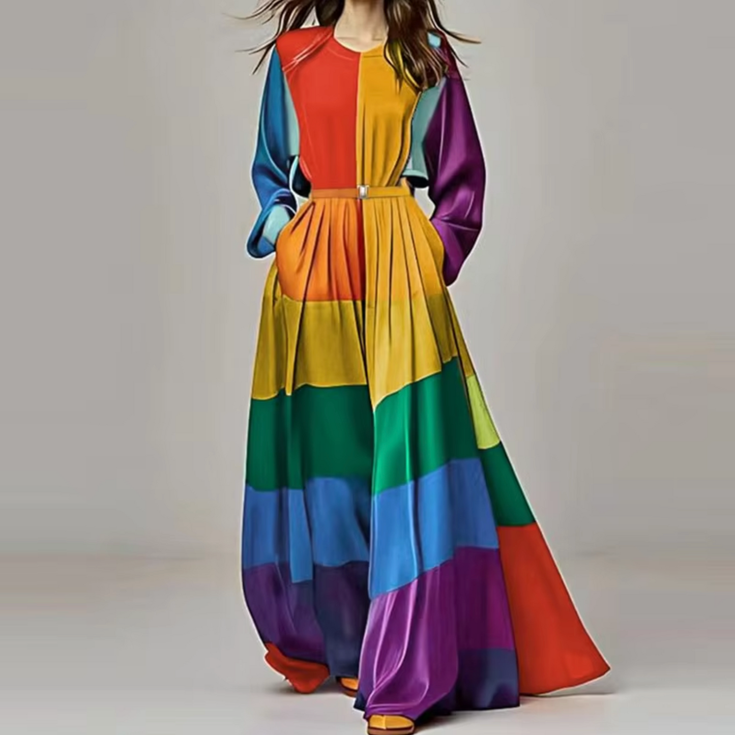 Aurora – Langarm-Maxikleid in Regenbogenfarben